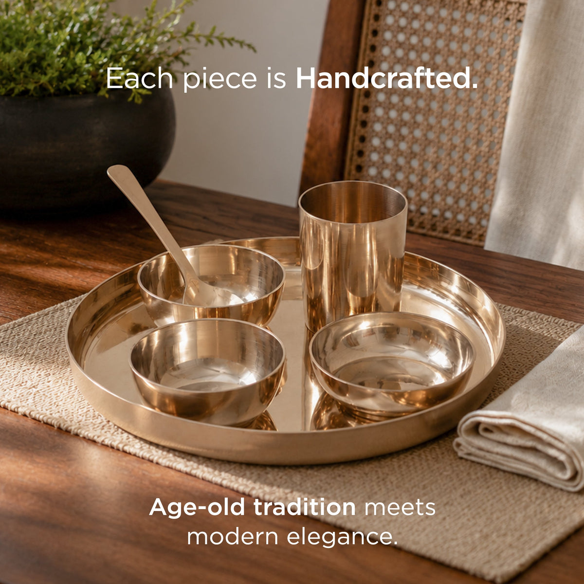 6-Piece Pure & Authentic Kansa Dinner Set • Gloss Finish • Serves 1 • 100% Lead-Free (कांसे का डिनर सेट)