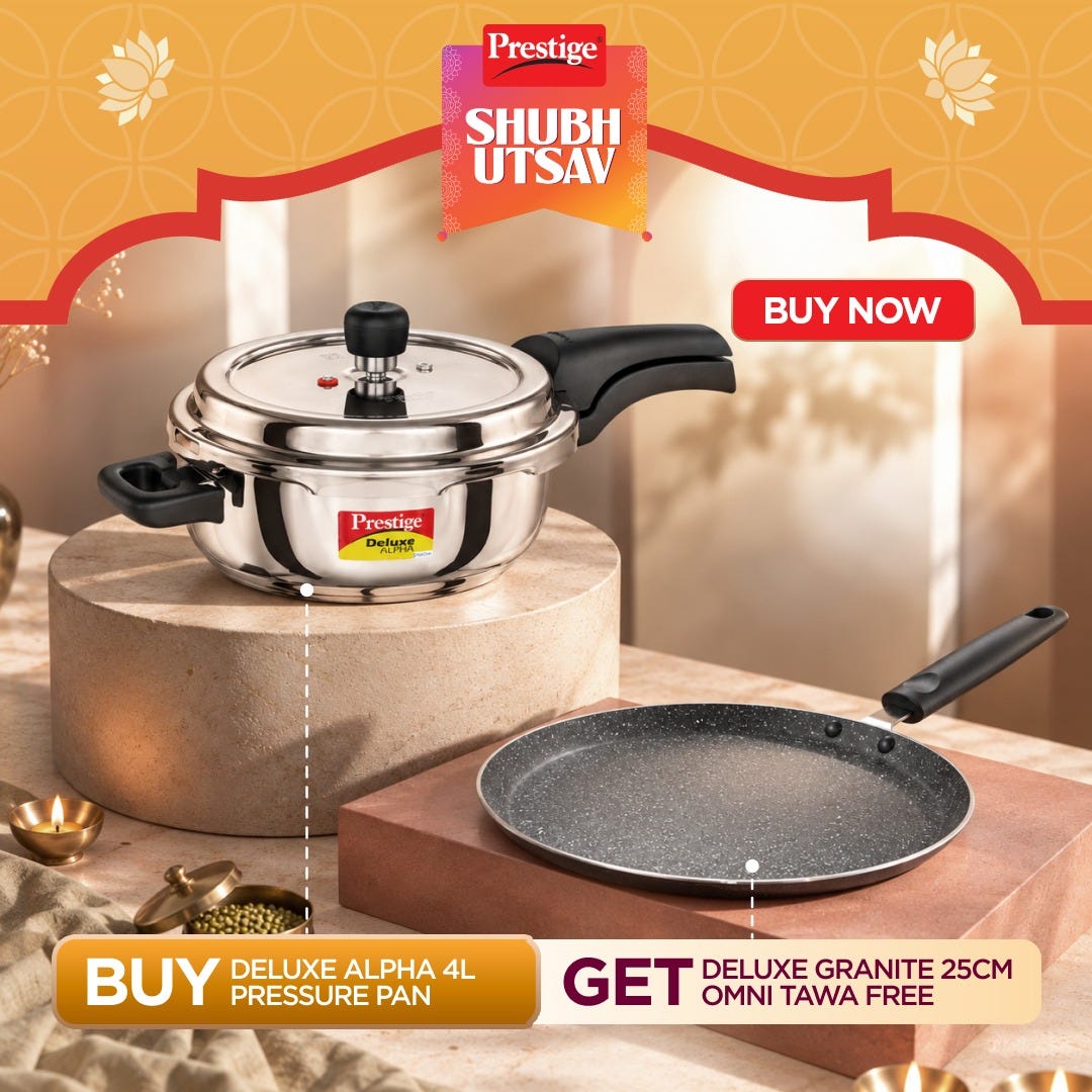 Prestige 4 Litre Stainless Steel Deluxe Alpha Svachh Outer Lid Senior Pressure Pan Cooker, Triply Base, Gas & Induction Compatible + Prestige Omega Deluxe Granite Non-stick Omni Tawa, 25 cm, Black