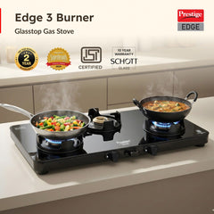 Prestige Edge PEBS 03L Manual Powder Coated with Aluminium Frame 3 Burners Gas Stove, Black, Prestige Svachh Triply Outer Lid Pressure Cooker with Unique Deep Lid for Spillage Control, 5 Litre, Silver