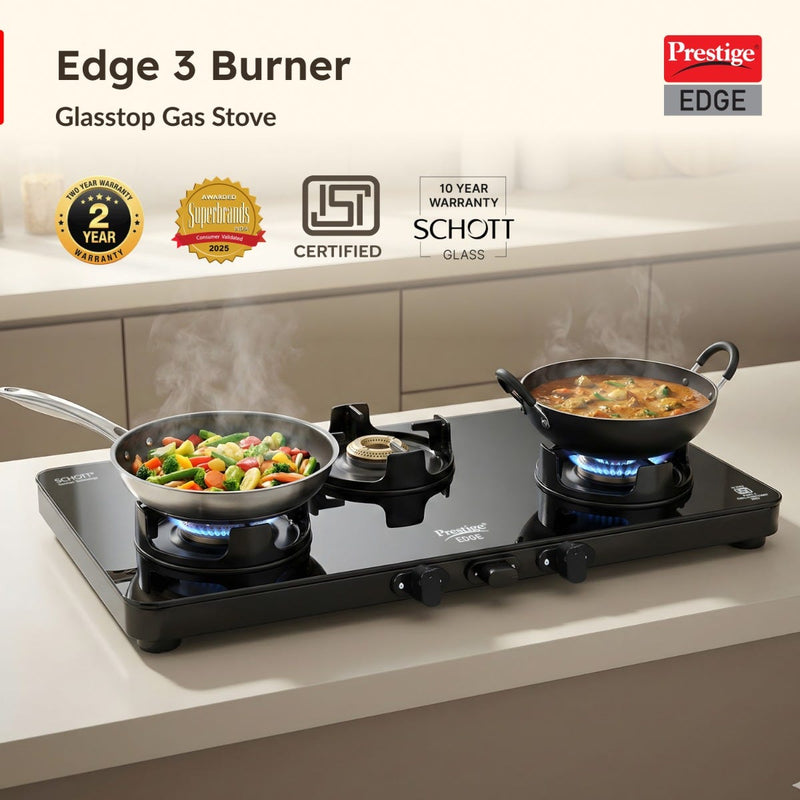 Prestige Edge PEBS 03L Manual Powder Coated with Aluminium Frame 3 Burners Gas Stove, Black, Prestige Svachh Triply Outer Lid Pressure Cooker with Unique Deep Lid for Spillage Control, 5 Litre, Silver