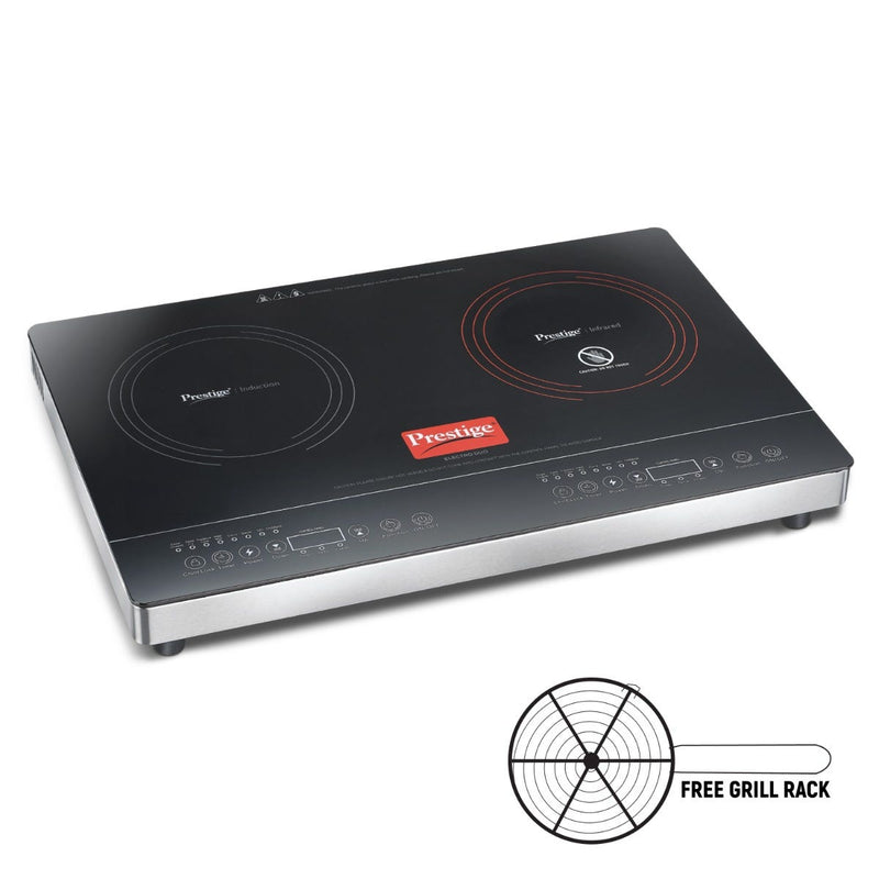 Prestige Electro Duo Infrared and Induction Combi Cooktop + Prestige TRIPLY Splendid 4 Pc Cookware Set: Fry Pan 22cm, Kadai 22cm, Saucepan 14cm, SS Lid 24cm, Gas & Induction Compatible, 15Y Warranty