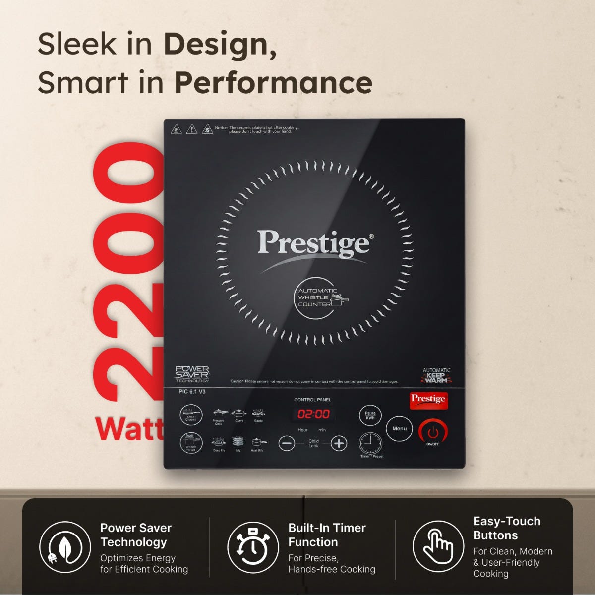 Prestige PIC 6.1 V3 2200W Induction Cooktop, Whistle Counter, 4KV Surge Protection, 7 Indian Menus + Prestige TRIPLY Splendid 4 Pc Cookware Set: Fry Pan 22cm, Kadai 22cm, Saucepan 14cm, SS Lid 24cm
