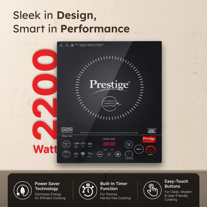 Prestige PIC 6.1 V3 2200W Induction Cooktop, Whistle Counter, 4KV Surge Protection, 7 Indian Menus + Prestige TRIPLY Splendid 4 Pc Cookware Set: Fry Pan 22cm, Kadai 22cm, Saucepan 14cm, SS Lid 24cm