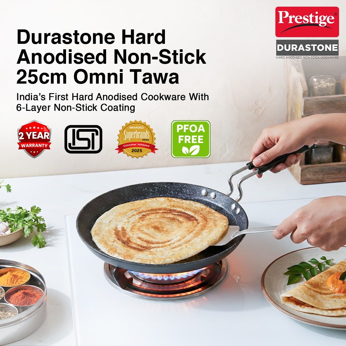 Prestige Durastone Hard Anodised 6 Layer Non-Stick Omni Tawa, 25 cm (Black), Prestige Durastone Hard Anodised 6 Layer Non-Stick Fry Pan, (24 cm, 1.9 Litre) (Black)