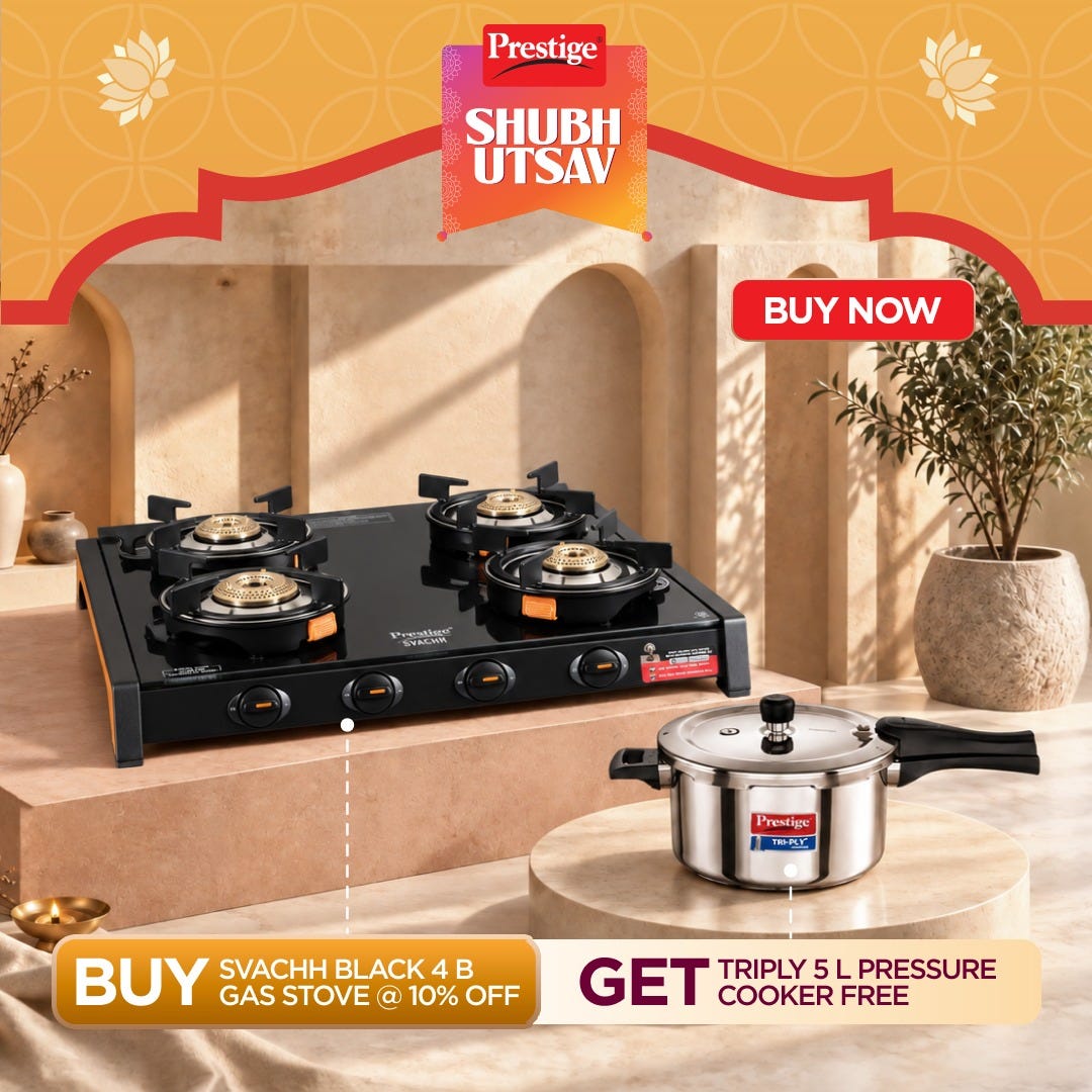 Prestige Svachh Glass Top 4 Burner Gas Stove with Liftable Burners GTSB-04 + Prestige 5 L Tri-Ply Svachh Inner Lid Pressure Cooker, Gas & Induction Compatible, Spillage Control, 5Y Warranty, Silver