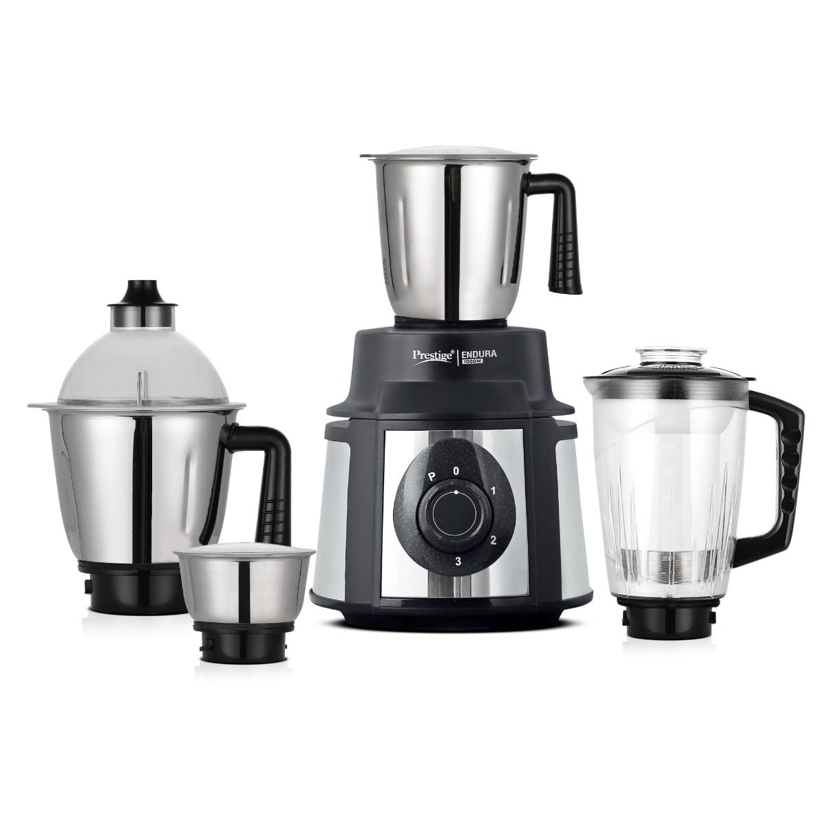 Prestige Endura 1000W 4 Jar Mixer Grinder: 3 SS Jars + 1 Juicer Jar, Ball Bearing Copper Motor, SS Blades, Black, 5Y Motor Warranty + Prestige 1.5L PMC 3.0 Plus Multi Kettle / Multi Cooker