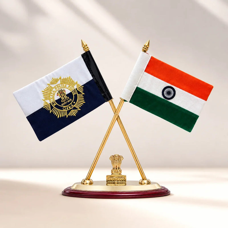 Brass Maharashtra & Kolkata Police Flags with Indian National Flag Stand (12 Inch)