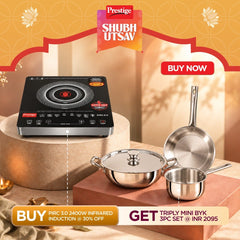 Prestige PIRC 3.0 2400W Infrared Cooktop, Indian Menus & Timer, Flat-Bottom Cookware, Black + Prestige TRIPLY Splendid 4 Pc Cookware Set: Fry Pan 22cm, Kadai 22cm, Saucepan 14cm, SS Lid 24cm