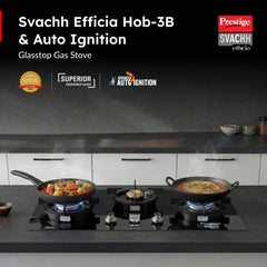 Prestige Premia 90 cm BLDC Chimney, 1400 m³/hr Suction, 10 Speeds, Gesture & Touch Control, Auto Clean, Filterless + Prestige Svachh Efficia Hob 03 AI, Glass Top, 3 Brass Burners + Installation Kit