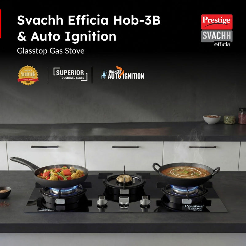 Prestige Premia 90 cm BLDC Chimney, 1400 m³/hr Suction, 10 Speeds, Gesture & Touch Control, Auto Clean, Filterless + Prestige Svachh Efficia Hob 03 AI, Glass Top, 3 Brass Burners + Installation Kit
