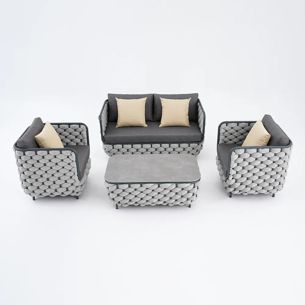 Fepel Outdoor Garden Balcony Sofa Set 2 Seater, 2 Single seater and 1 Center Table Set, Braid & Rope (Grey)