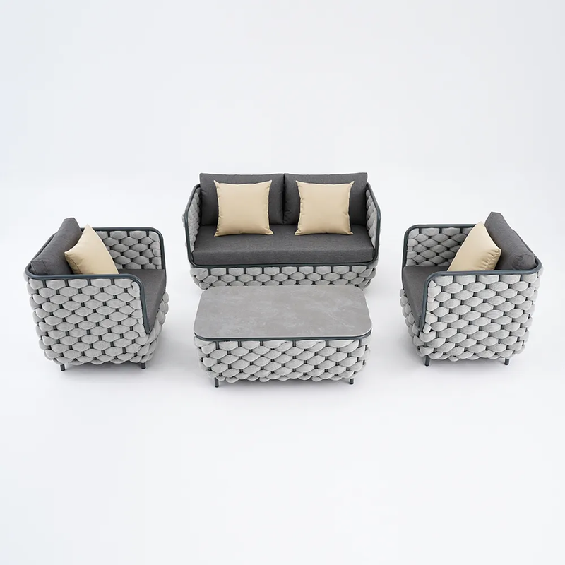 Fepel Outdoor Garden Balcony Sofa Set 2 Seater, 2 Single seater and 1 Center Table Set, Braid & Rope (Grey)
