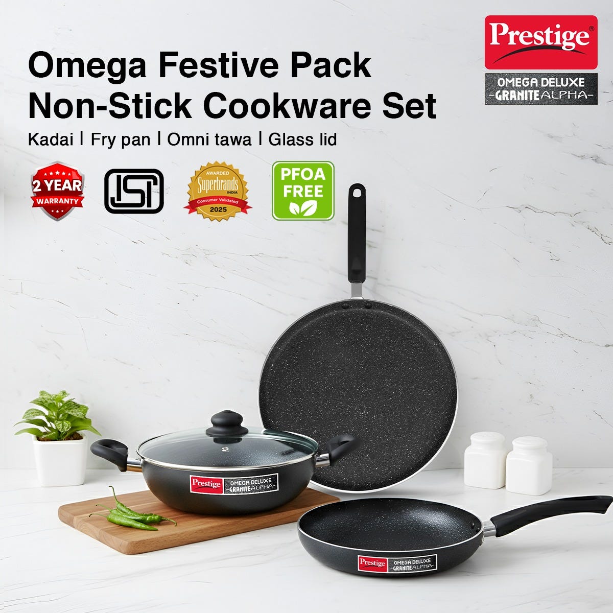 Prestige Electro Duo Infrared and Induction Combi Cooktop + Prestige Omega Deluxe Granite Alpha 3 Pc BYK Non-Stick Set: Kadai 24cm with Glass Lid, Omni Tawa 28cm, Fry Pan 24cm