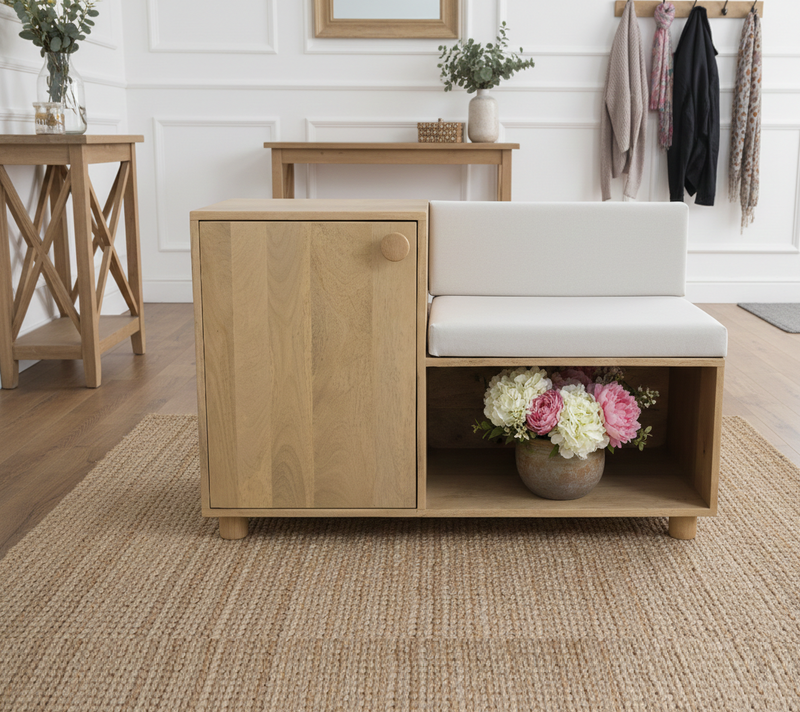 Entryway Wooden Bench with Padded Seat and Side Storage