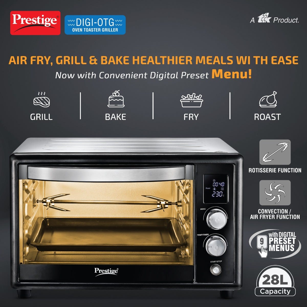 Prestige Digi-OTG 28L Oven Toaster Grill, Digital Display, Convection/Air Fryer, Rotisserie + Prestige Nutri-Zen Mixer Grinder, 3 Polycarbonate Jars (Big 1000ml, Sipper with Handle 700ml, Small 700ml)