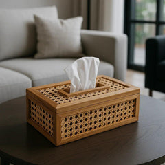Natural Rattan Wooden Tissue Holder Box- Set Of 2