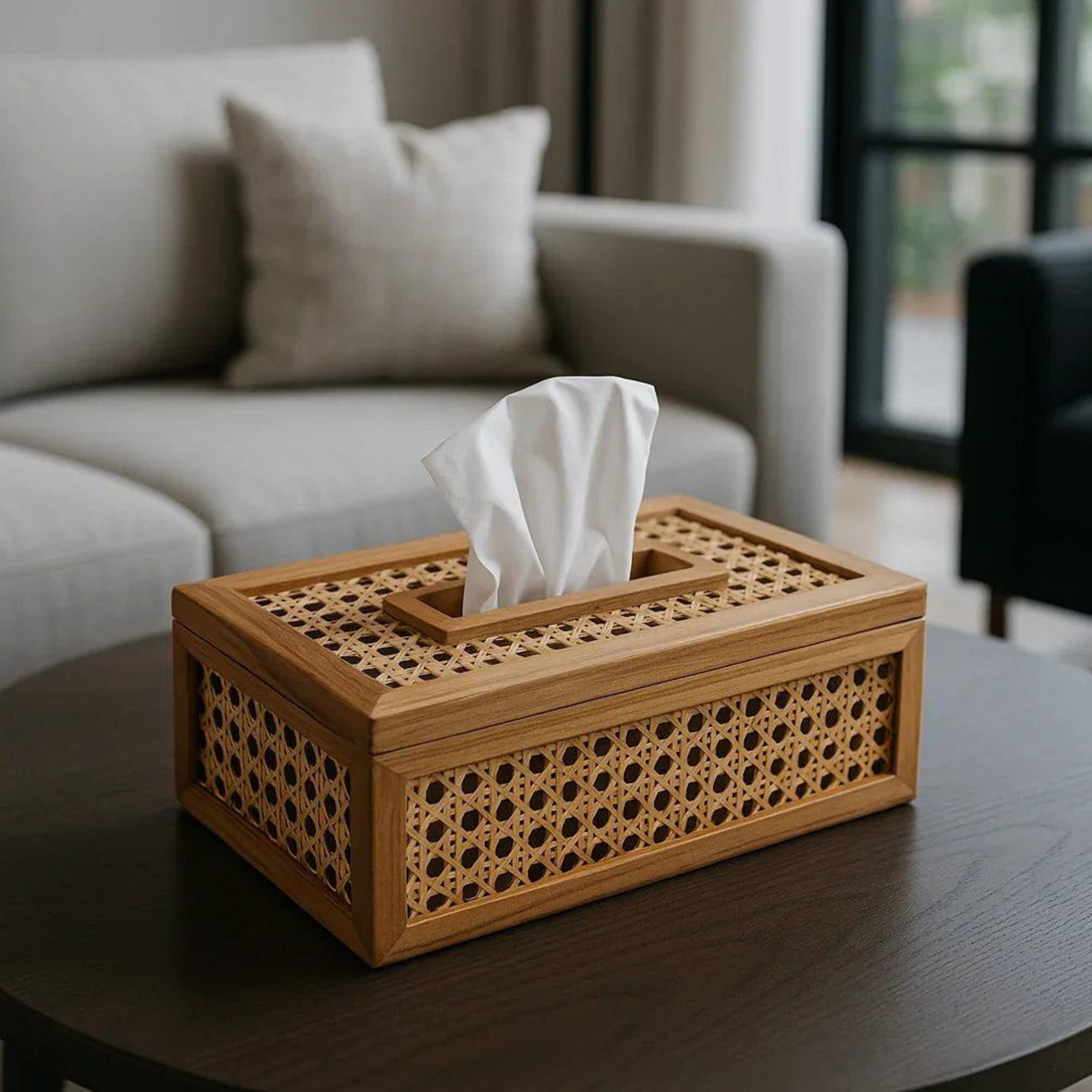 Natural Rattan Wooden Tissue Holder Box- Set Of 2
