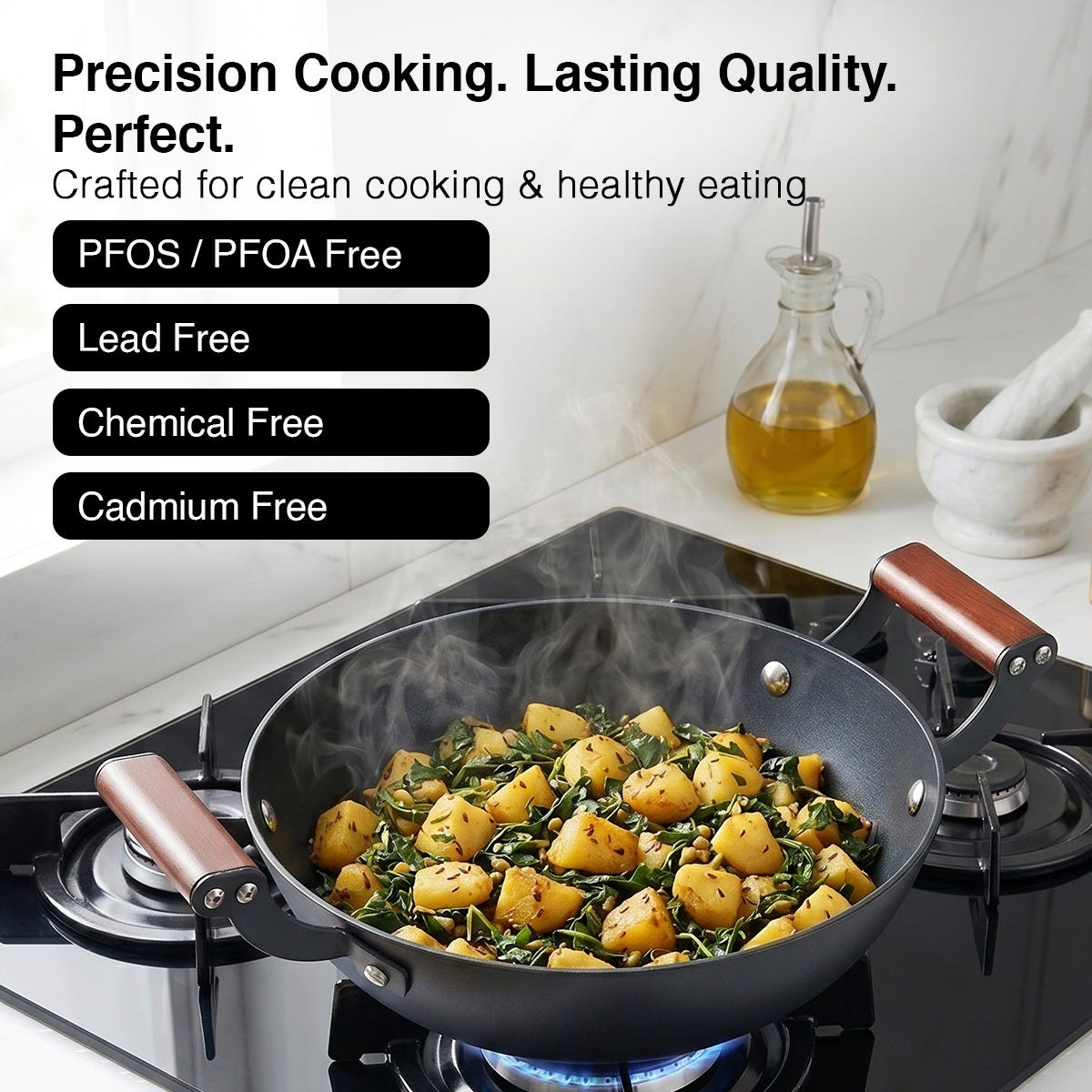 Prestige Castlite Patterned Enamel Coated Cast Iron Fry Pan 20cm/0.9L + Prestige Castlite Patterned Enamel Coated Cast Iron Kadai 24cm/2.4L with Glass Lid, Rust-Proof, Gas & Induction, 15Y Warranty