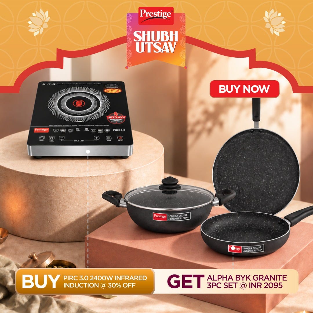 Prestige PIRC 3.0 2400W Infrared Cooktop, Indian Menus & Timer, Black + Prestige Omega Deluxe Granite Alpha 3 Pc BYK Non-Stick Set: Kadai 24cm with Glass Lid, Omni Tawa 28cm, Fry Pan 24cm
