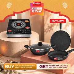 Prestige PIRC 3.0 2400W Infrared Cooktop, Indian Menus & Timer, Black + Prestige Omega Deluxe Granite Alpha 3 Pc BYK Non-Stick Set: Kadai 24cm with Glass Lid, Omni Tawa 28cm, Fry Pan 24cm