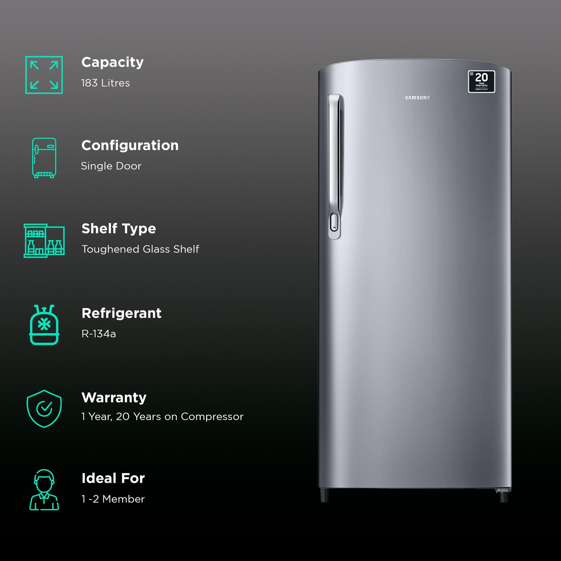 SAMSUNG Stylish Grande 183 Litres 2 Star Direct Cool Single Door Refrigerator with Stabilizer Free Operation (RR20C2412GS/NL, Grey Silver)