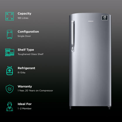 SAMSUNG Stylish Grande 183 Litres 2 Star Direct Cool Single Door Refrigerator with Stabilizer Free Operation (RR20C2412GS/NL, Grey Silver)