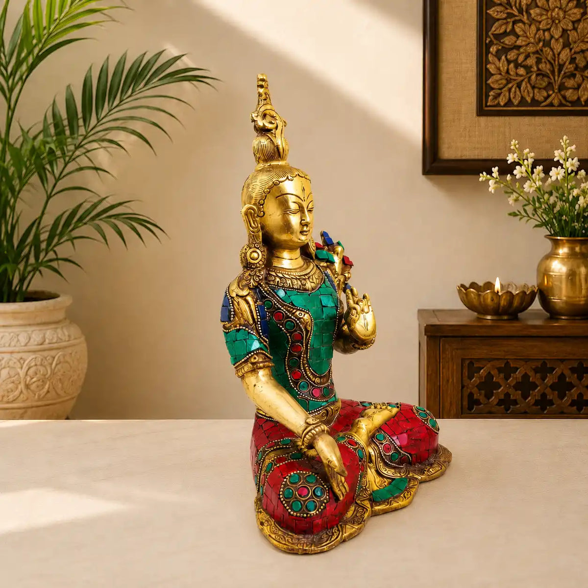 Brass Stone work Sitting Tara Devi Idol (11 Inch)