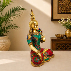 Brass Stone work Sitting Tara Devi Idol (11 Inch)