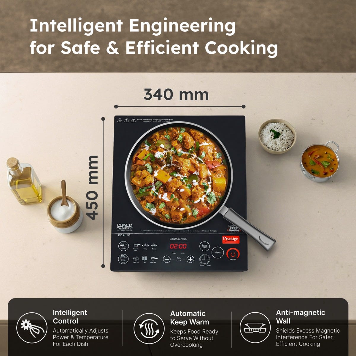 Prestige PIC 6.1 V3 2200W Induction Cooktop, Whistle Counter, 4KV Surge Protection, 7 Indian Menus + Prestige TRIPLY Splendid 4 Pc Cookware Set: Fry Pan 22cm, Kadai 22cm, Saucepan 14cm, SS Lid 24cm