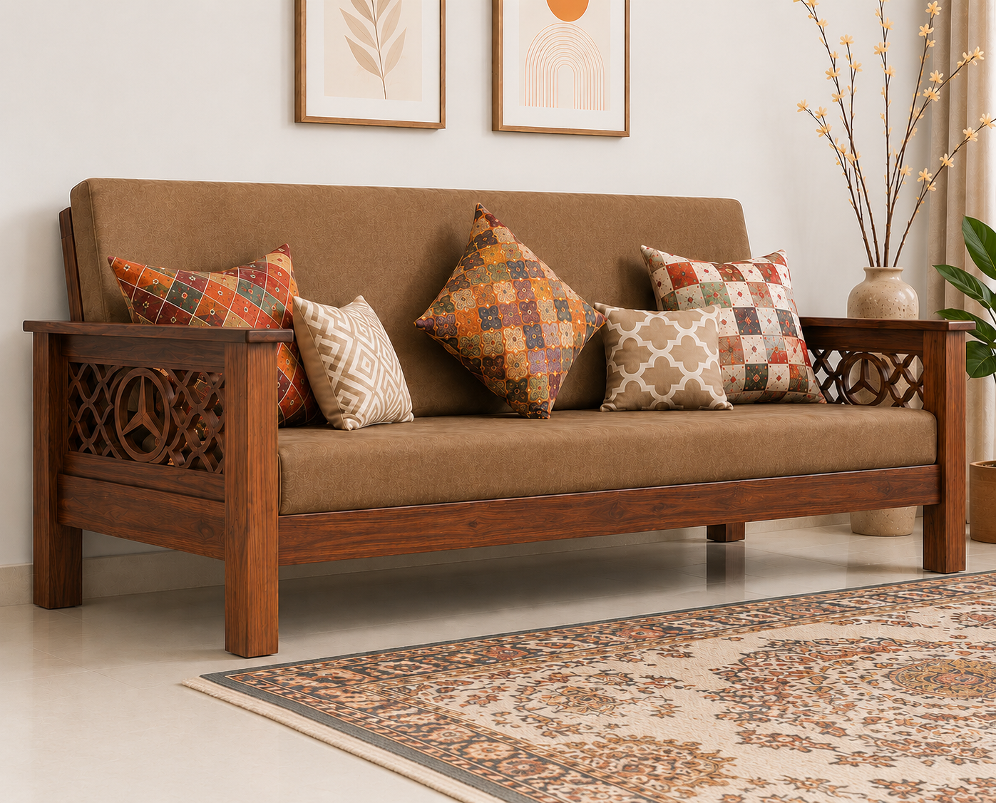 Elite Benz Handcrafted Solid Wood 3 Seater Sofa