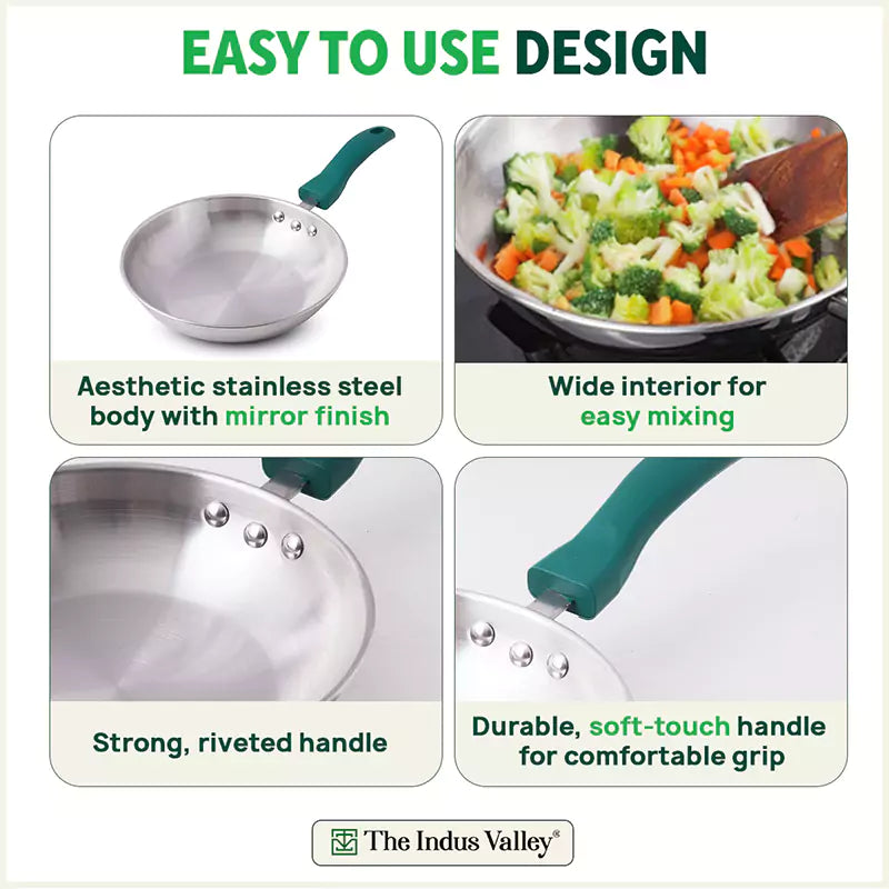 Tri-Steel Stainless Steel Frying Pan/Skillet, Premium Quality, Tri-ply (3 Layer) Bottom, Soft-touch Handle, 100% Toxin-free, Non-stick, Induction & Gas, 20/22cm, 1.2/1.5L