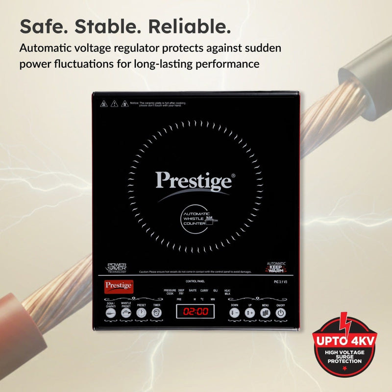 Prestige PIC 3.1 V3 2000W Induction Cooktop, Whistle Counter, 4KV Surge Protection, 7 Indian Menus + Prestige TRIPLY Splendid 4 Pc Cookware Set: Fry Pan 22cm, Kadai 22cm, Saucepan 14cm, SS Lid 24cm