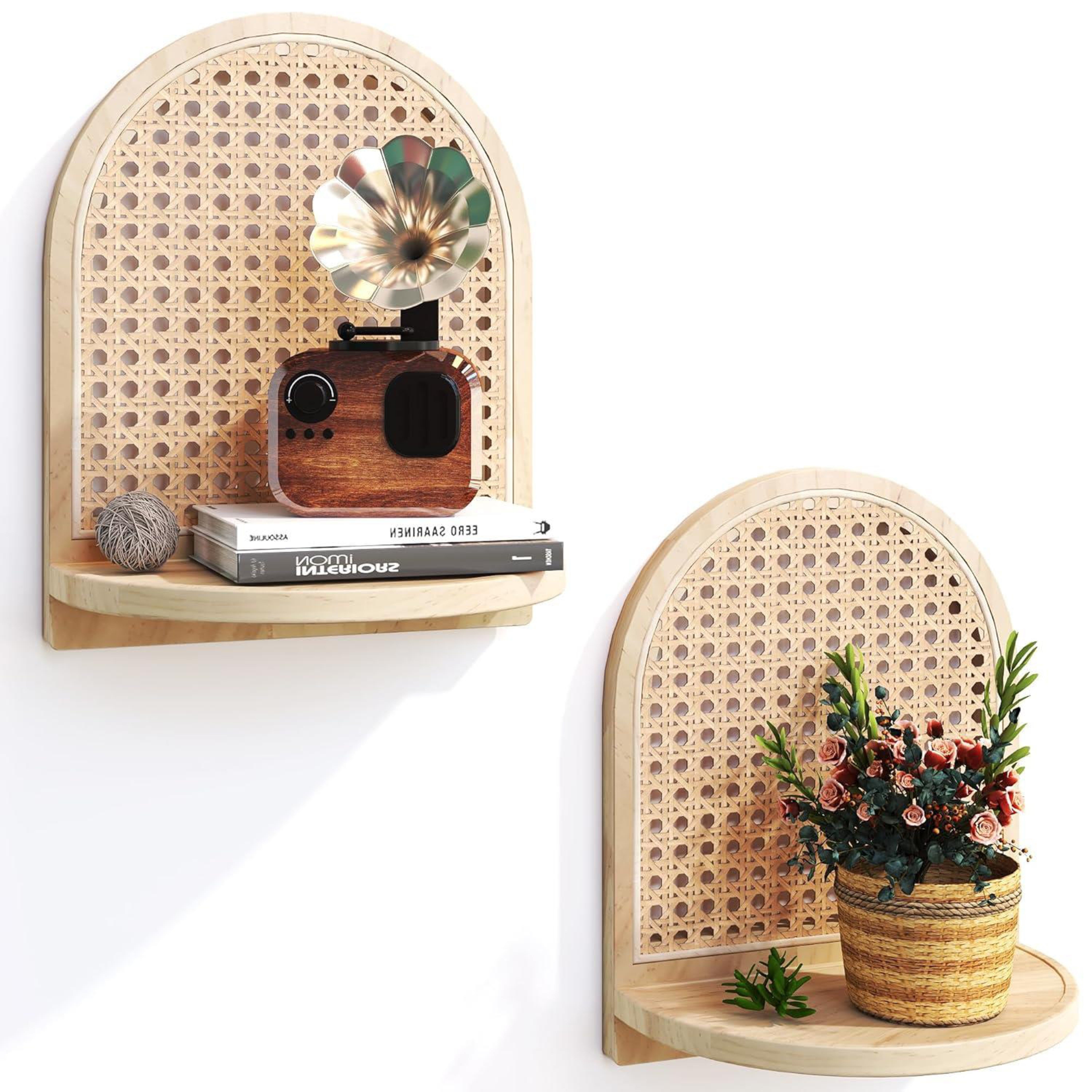 Natural Rattan Arch Wall Display Shelf- Set Of 2