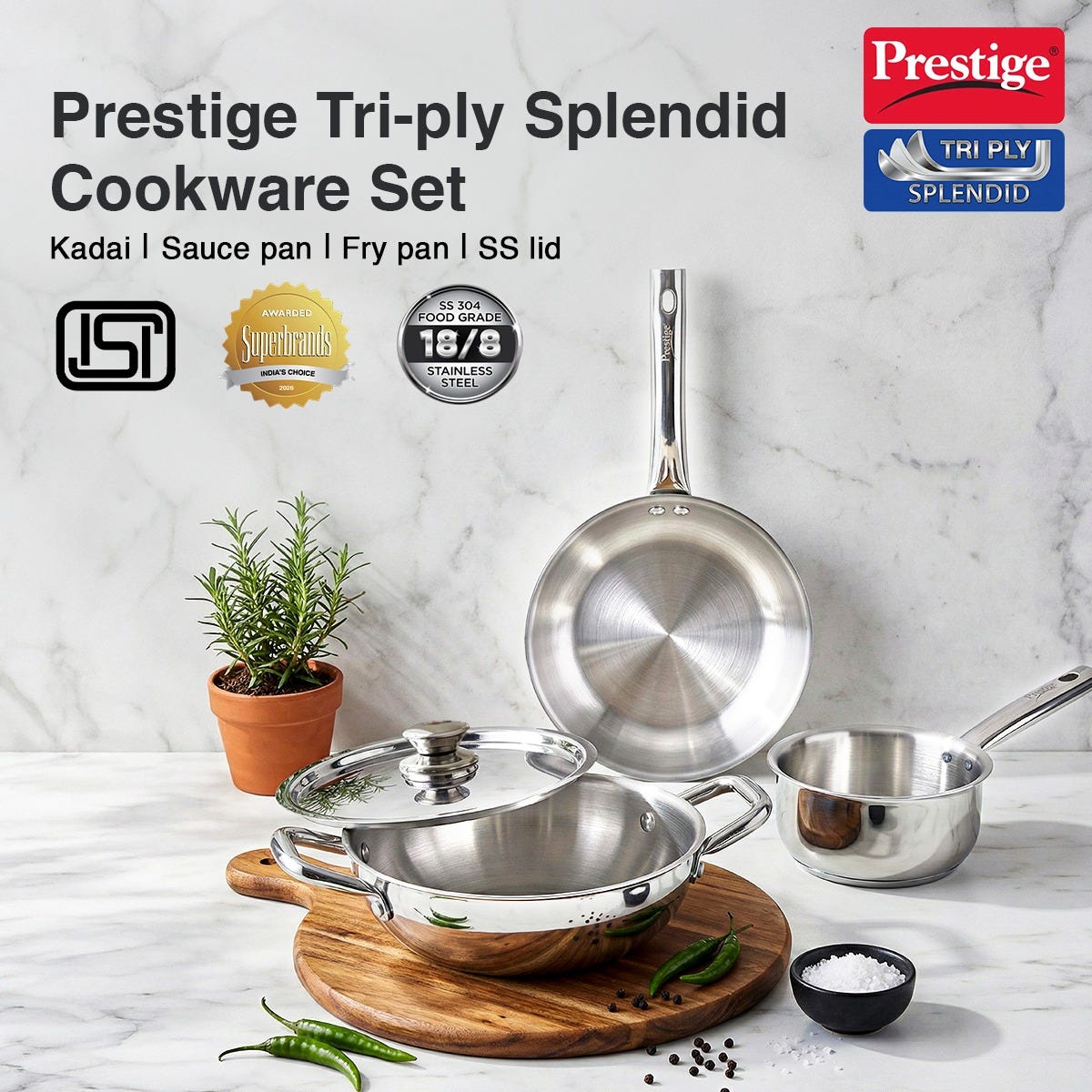 Prestige PIRC 3.0 2400W Infrared Cooktop, Indian Menus & Timer, Flat-Bottom Cookware, Black + Prestige TRIPLY Splendid 4 Pc Cookware Set: Fry Pan 22cm, Kadai 22cm, Saucepan 14cm, SS Lid 24cm