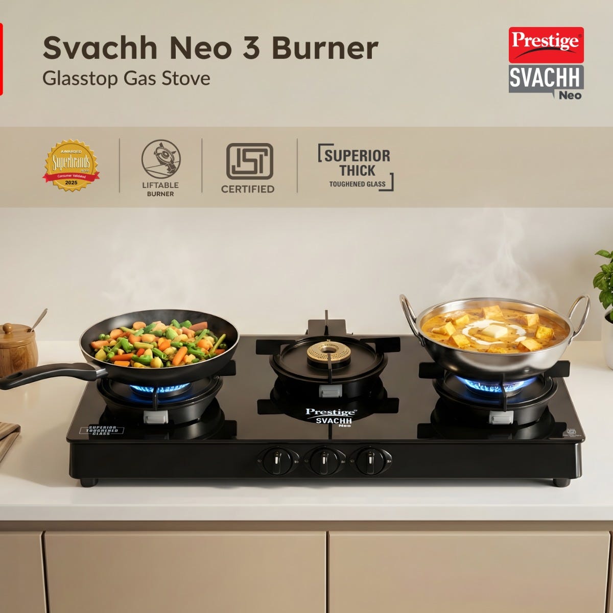 Prestige Svachh Neo 3 Burner Glass Top Gas Stove, Liftable Burners, Black, ISI + Prestige 3 Litre TRIPLY Svachh Inner Lid Pressure Cooker, Deep Lid for Spillage Control, Gas & Induction