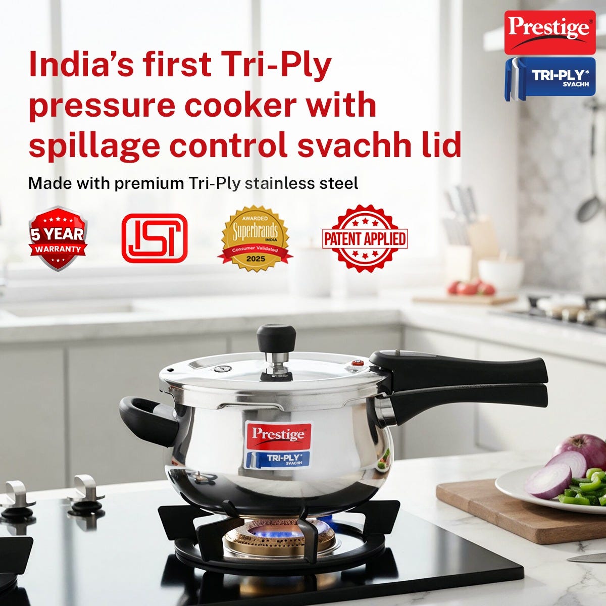 PRESTIGE SVACHH TRI-PLY HANDI PRESSURE COOKER 3 LITRE, Prestige Platina Popular Stainless Steel Unique Impact Forged Bottom Kadai with Toughened Glass Lid, 24cm (2.8 L) (Silver)