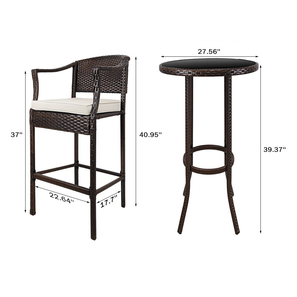Fiore Outdoor Patio Bar Sets 2 Chairs and 1 Table (Brown)