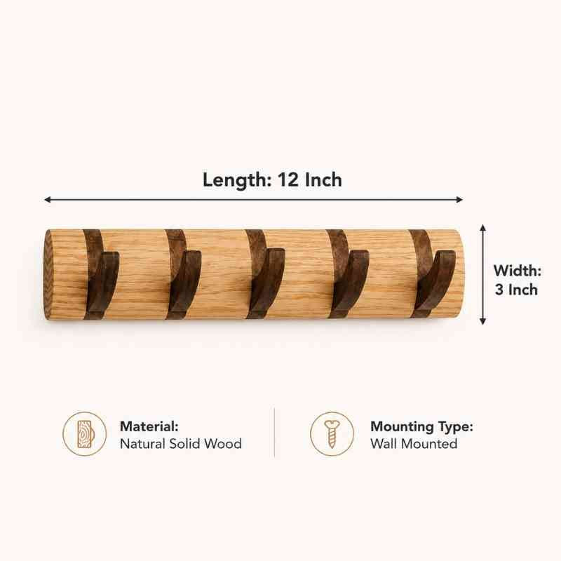 CurveCraft Natural Solid Wood Wall Mounted Hook Rail for Coats & Bags