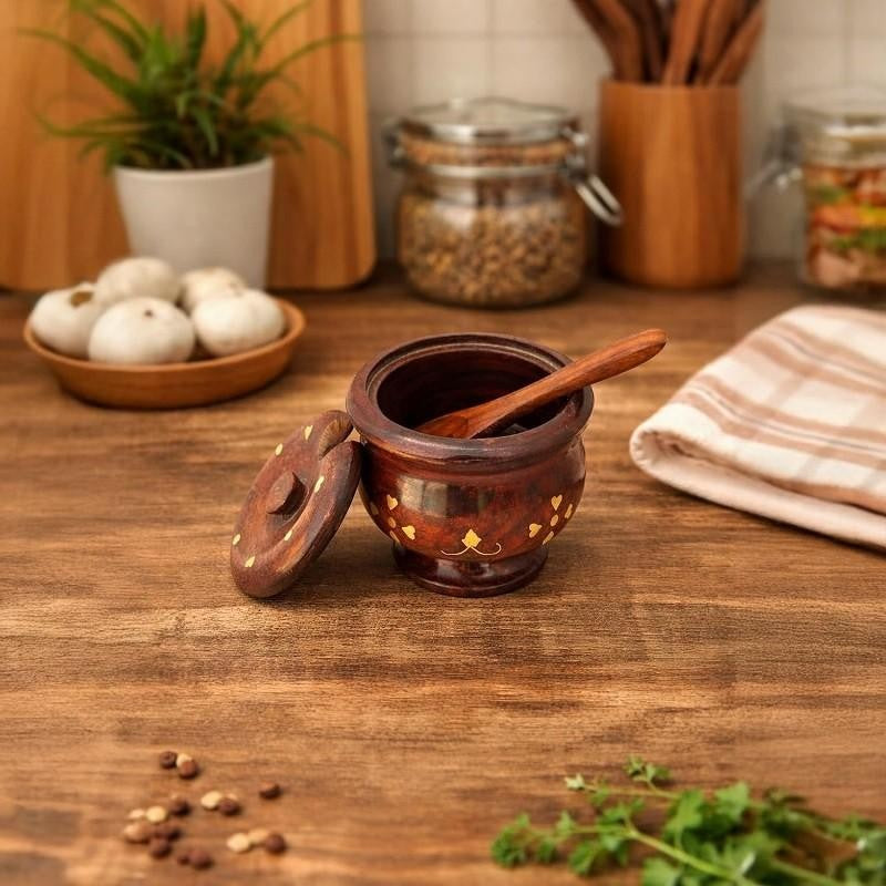 Acacia Wood Salt Box with Lid & Spoon – Multipurpose Wooden Kitchen Storage Container