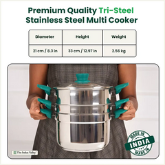 Tri-steel Multi Cooker Pot Premium Stainless Steel Momo Maker/ Idiyappam/ Biryani/  Veg Steaming Set, 3 Pots, 21cm