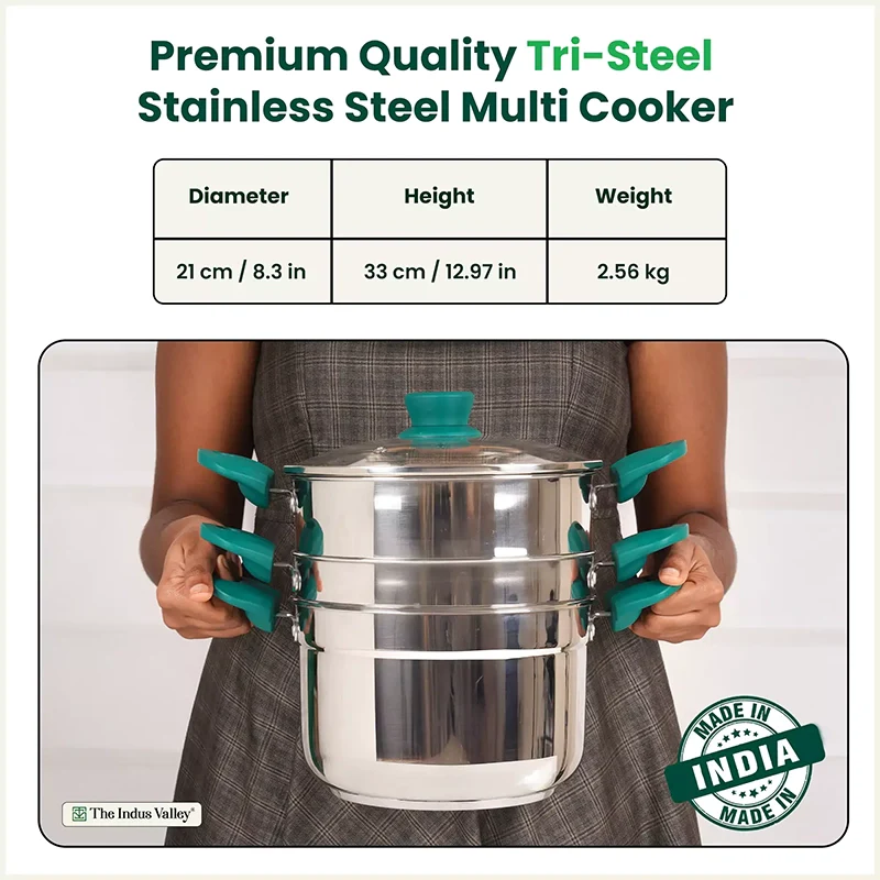 Tri-steel Multi Cooker Pot Premium Stainless Steel Momo Maker/ Idiyappam/ Biryani/  Veg Steaming Set, 3 Pots, 21cm