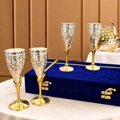 Brass Silver Plated Champagne Engraved Wine Glass Pair With Velvet Box (6.5 Inch)