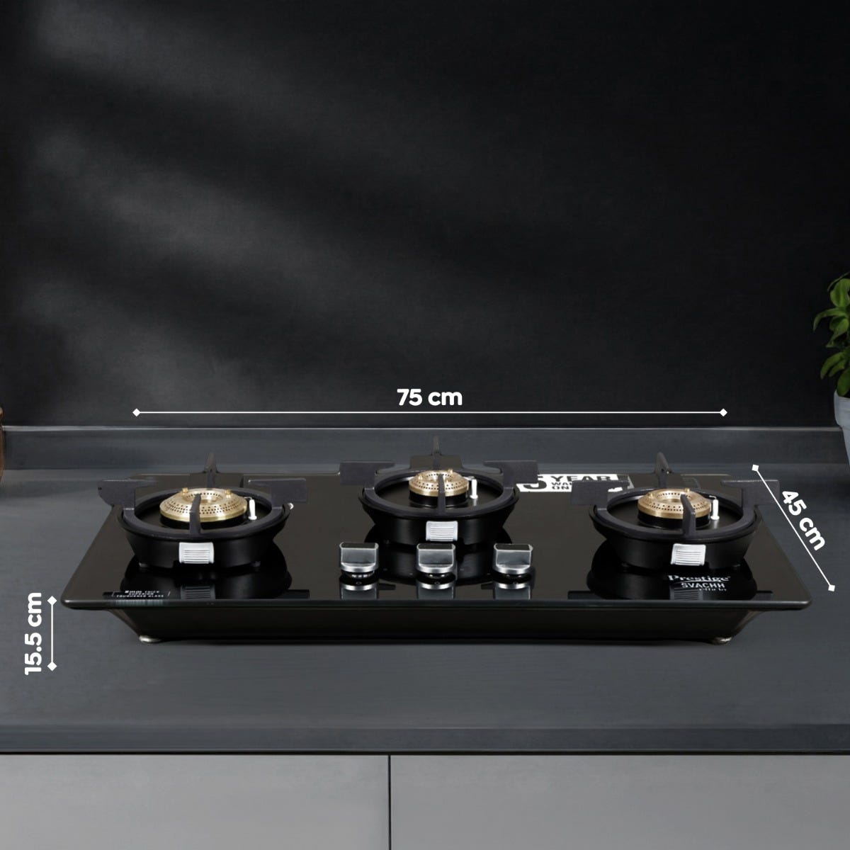 Prestige Premia 90 cm BLDC Chimney, 1400 m³/hr Suction, 10 Speeds, Gesture & Touch Control, Auto Clean, Filterless + Prestige Svachh Efficia Hob 03 AI, Glass Top, 3 Brass Burners + Installation Kit
