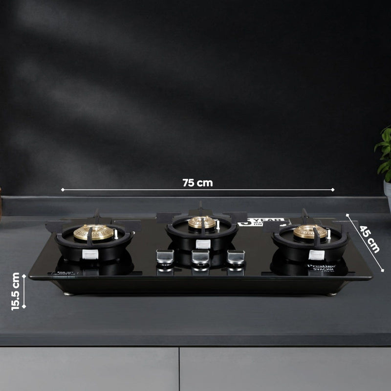 Prestige Premia 90 cm BLDC Chimney, 1400 m³/hr Suction, 10 Speeds, Gesture & Touch Control, Auto Clean, Filterless + Prestige Svachh Efficia Hob 03 AI, Glass Top, 3 Brass Burners + Installation Kit