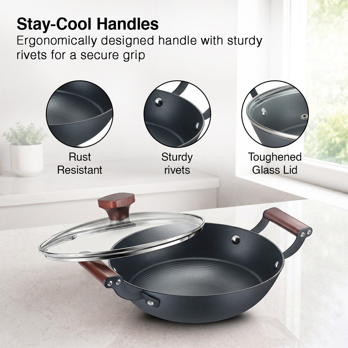 Prestige Castlite Patterned Enamel Coated Cast Iron Fry Pan 20cm/0.9L + Prestige Castlite Patterned Enamel Coated Cast Iron Kadai 24cm/2.4L with Glass Lid, Rust-Proof, Gas & Induction, 15Y Warranty