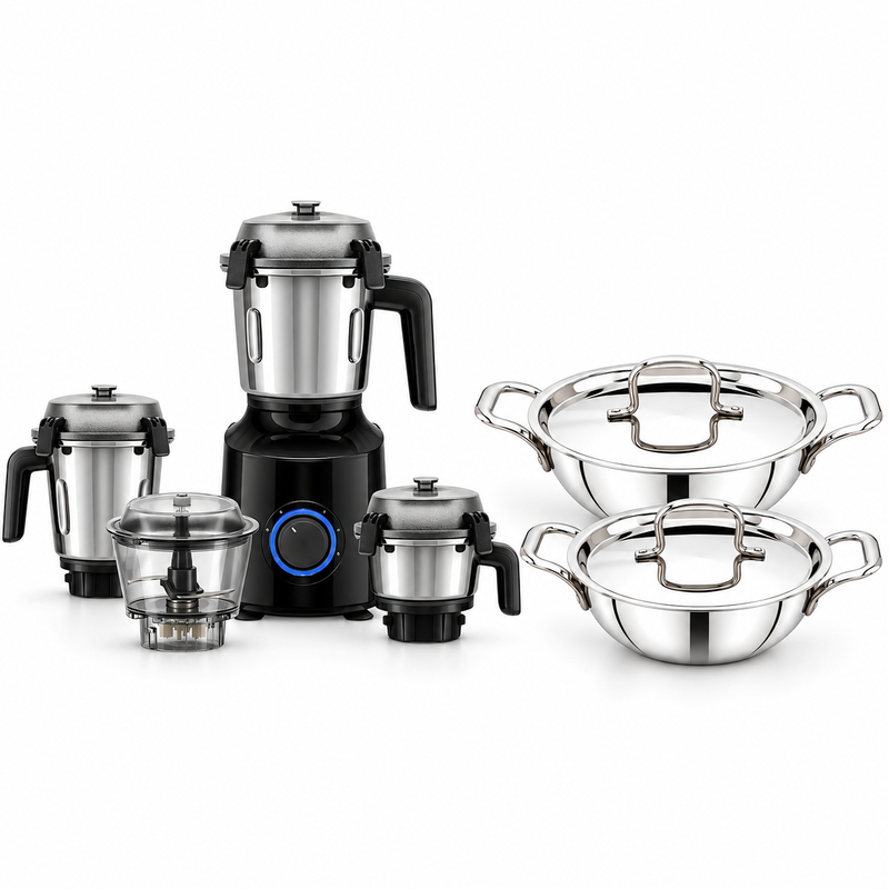 Atomberg Masala & Triply Kadai Combo | Zenova BLDC Mixer + Praylady 22 & 24 cm Kadai Set-1