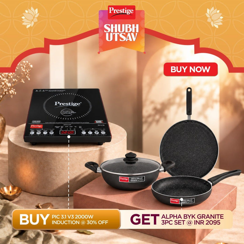 Prestige PIC 3.1 V3 2000W Induction Cooktop, Whistle Counter, 4KV Surge Protection + Prestige Omega Deluxe Granite Alpha 3 Pc BYK Non-Stick Set: Kadai 24cm with Glass Lid, Omni Tawa 28cm, Fry Pan 24cm