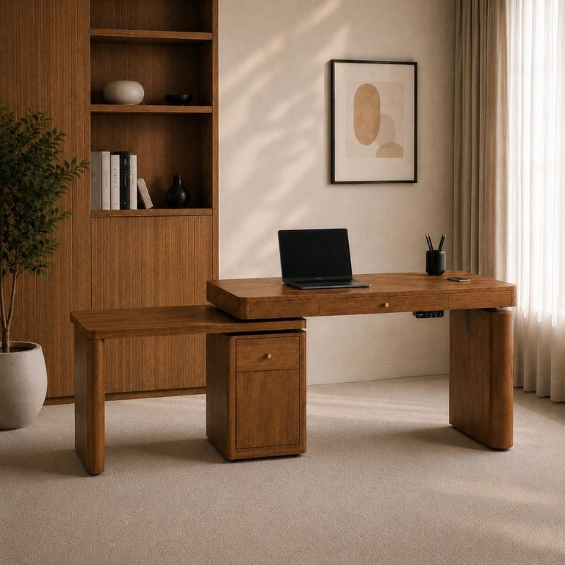FlowFlex 360-Degree Rotating Electric Adjustable Standing Desk, Modern L shaped Executive Desk with Storage Cabinets