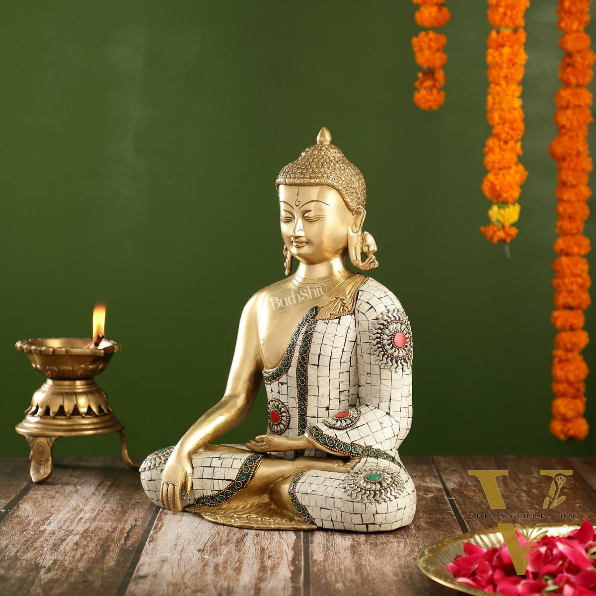 Elegant 12-Inch Brass Buddha Statue | Serene Meditative Pose