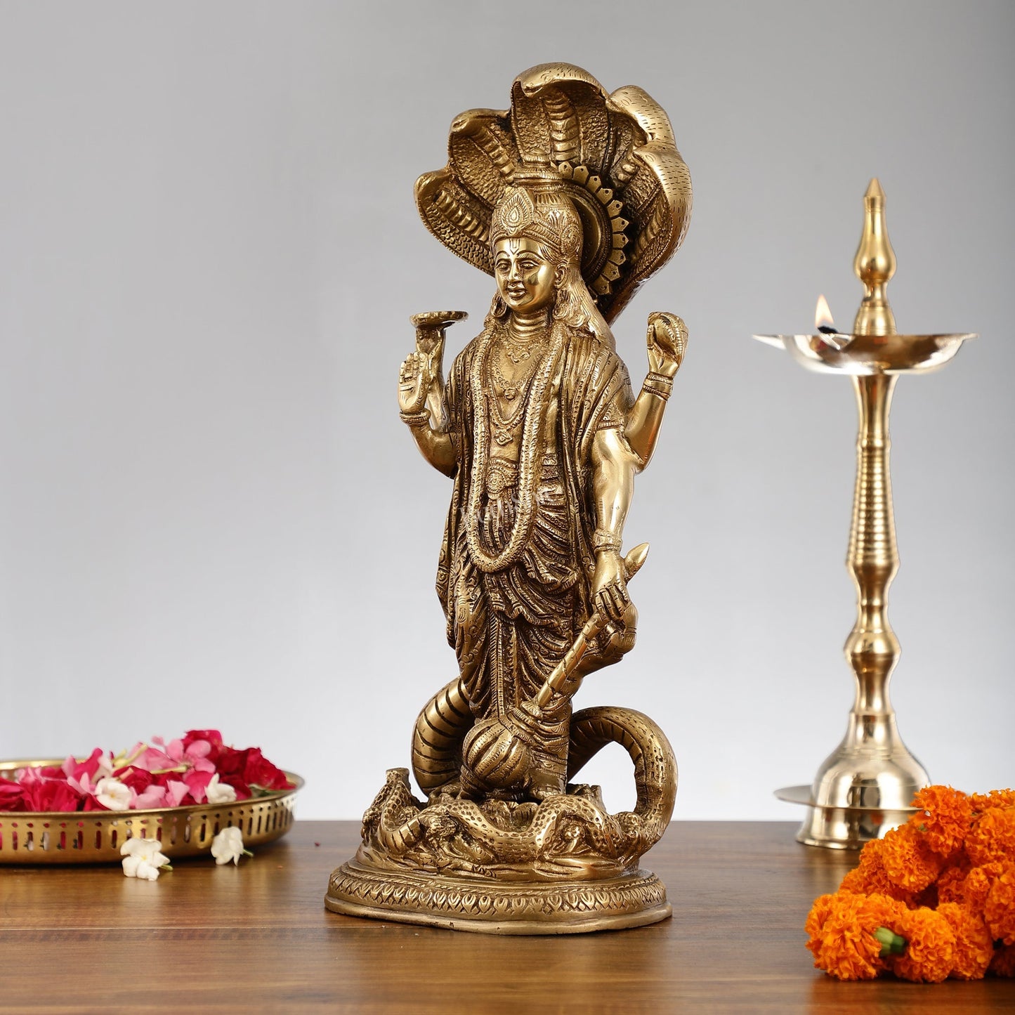 Elegant 17 Inch Brass Lord Vishnu Standing Idol with Sheshanaag Crown